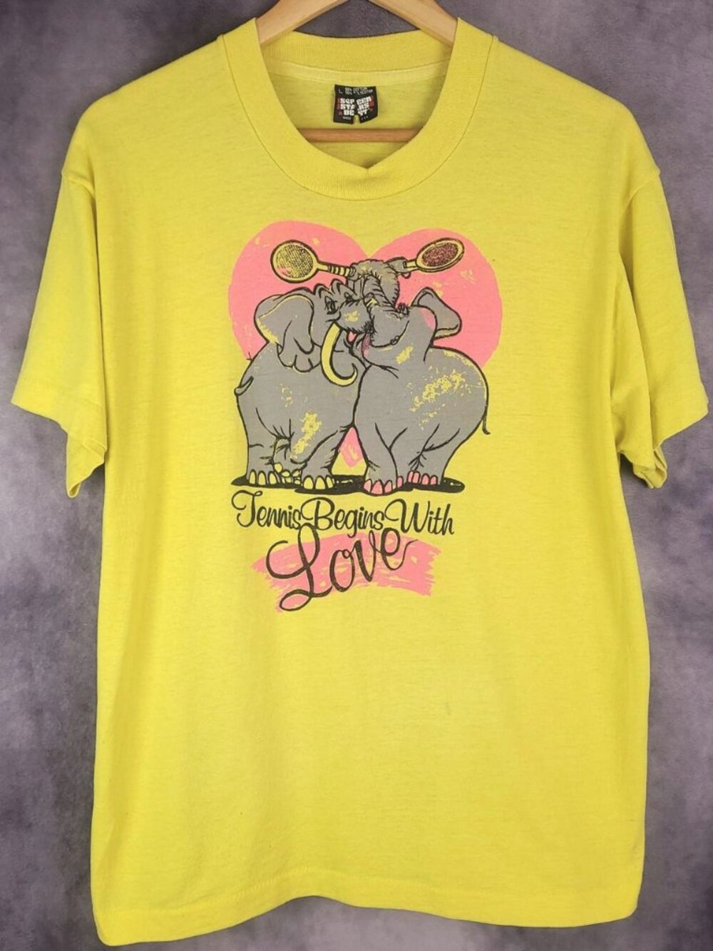 Vintage 80s Screen Stars Elephant Tennis Love yellow shirt